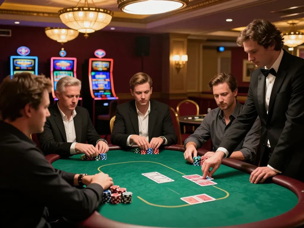 Players place bets at a poker table in ROKOK88 casino, showcasing excitement and strategic gameplay.