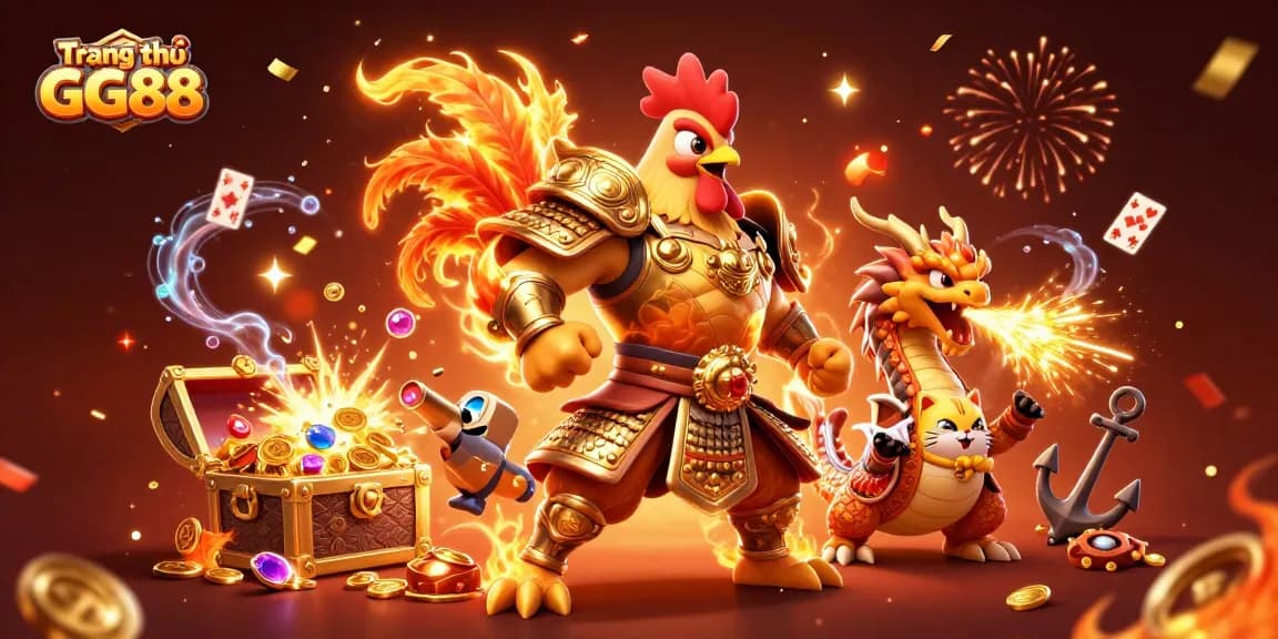 Engage with thrilling action at Trang chủ GG88, featuring a rooster warrior, dragon hatchling, and vibrant casino elements.