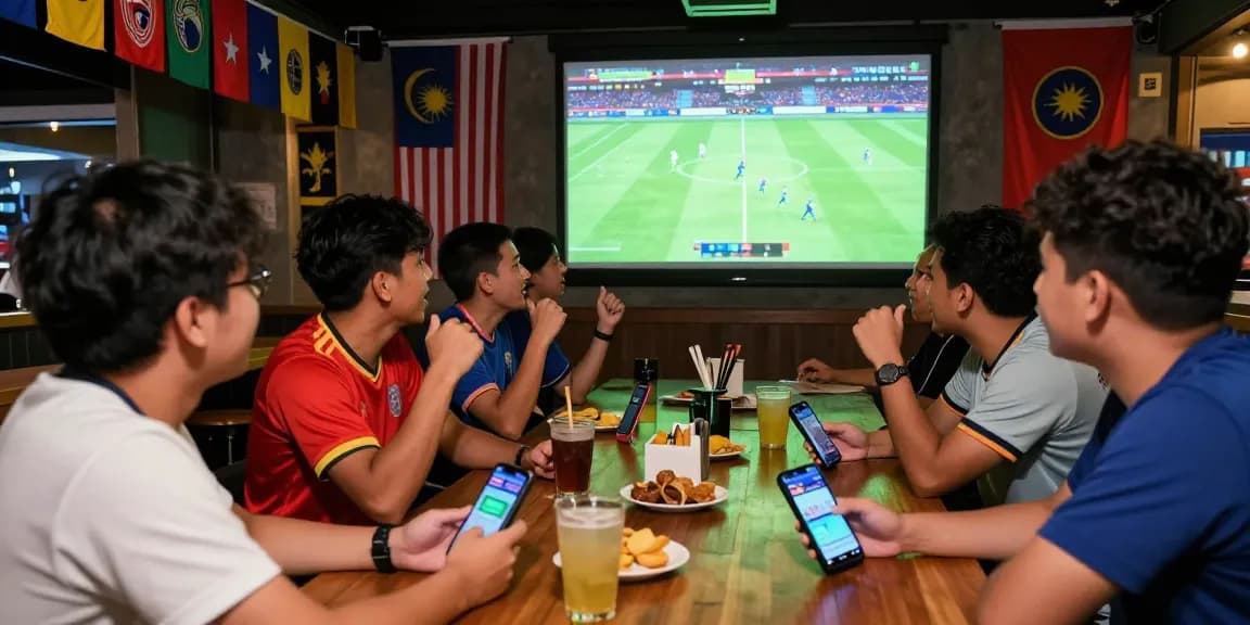 Football betting Malaysia scene in a lively bar with friends enjoying a match.