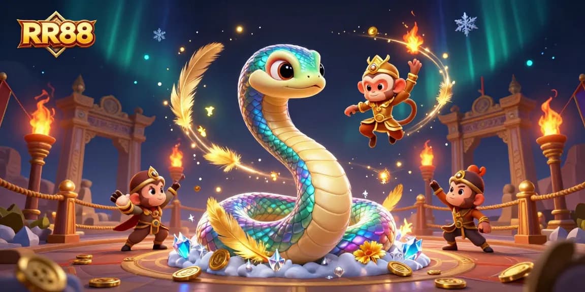 Engage with RR88's vibrant casino themed world showcasing a whimsical rainbow serpent and monkey king amid dazzling game elements.