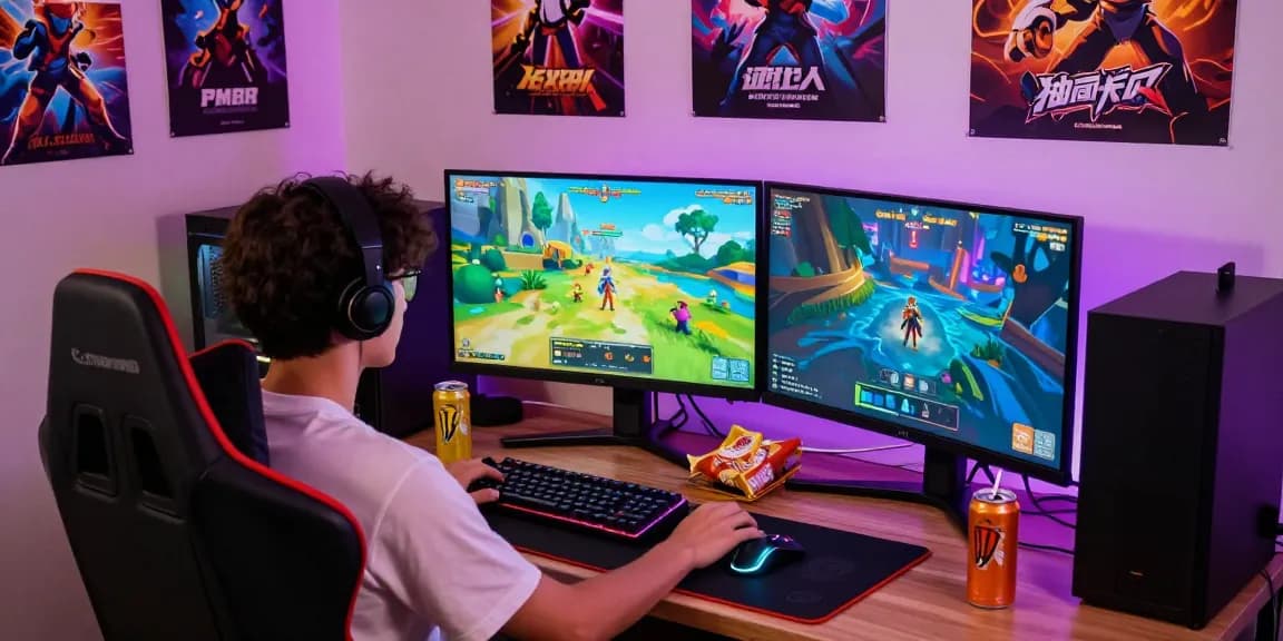 User immersed in a hentaigame experience with vibrant game visuals, cozy gaming setup, and engaging atmosphere.