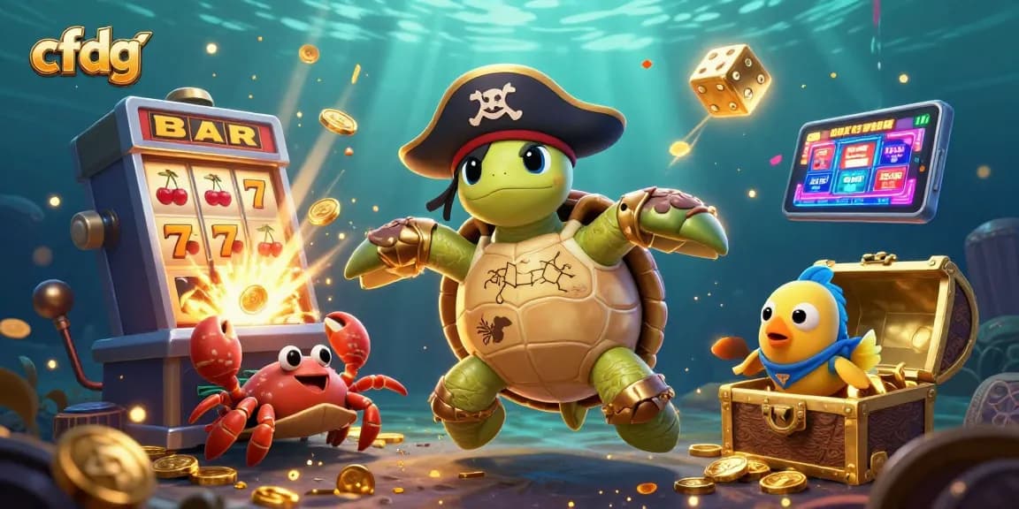 Engage in exciting gameplay at cfdg with a vibrant scene featuring a pirate turtle and casino elements.