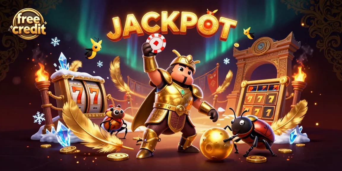 Engage with free credit bonuses showcased in a winning casino scene featuring cartoon beetles and jackpot elements.