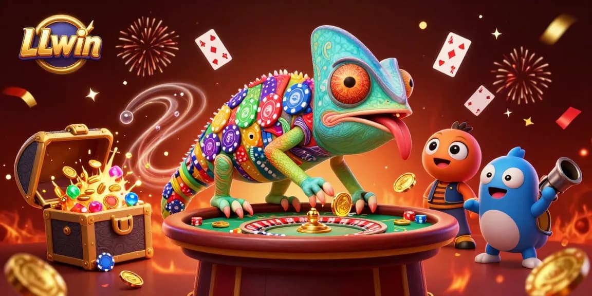 Engage in thrilling games at LLwin with the massive chameleon owner enjoying casino action and colorful treasure!