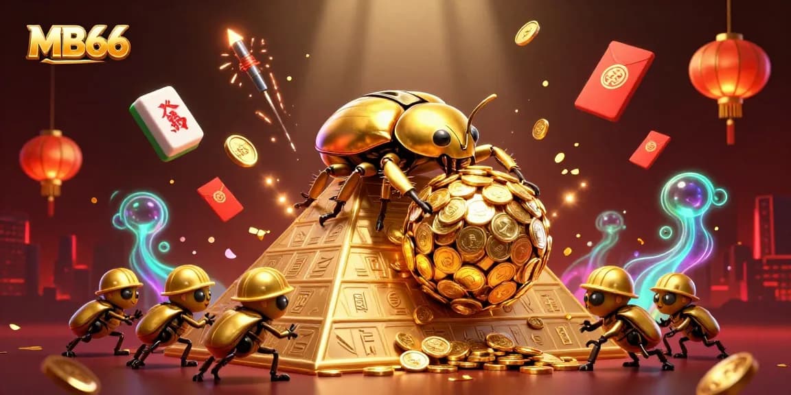 Experience thrilling gameplay at MB66 with a golden beetle and casino symbols amidst festive fireworks.