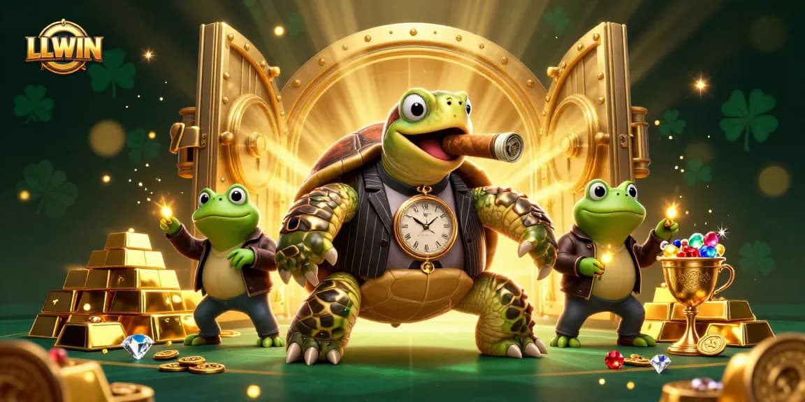 Play at LLWIN with stunning 3D visuals of a charming turtle and bullfrogs amidst treasure.