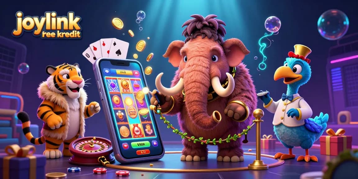 Enjoy joylink free kredit with exclusive promotions in this vibrant casino scene featuring colorful slot games.