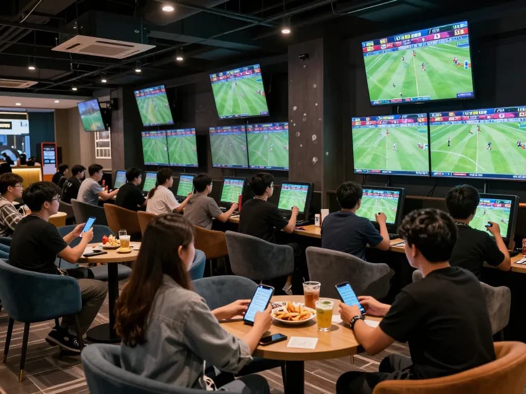Fans engaged in sports betting action on kèo nhà cái 5 in a lively lounge.