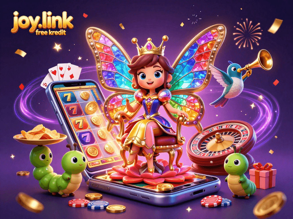 Experience joy.link free kredit with this vibrant casino-themed illustration featuring a butterfly queen.