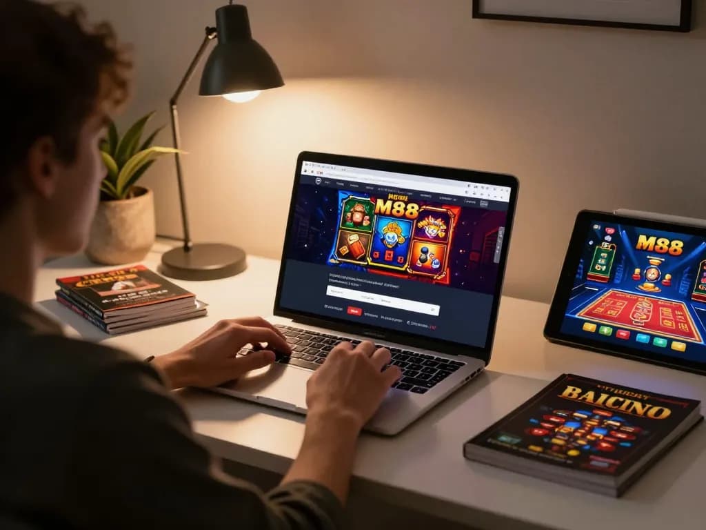 M88 casino login page displayed on laptop, with person focused on online betting strategy in a cozy setup.