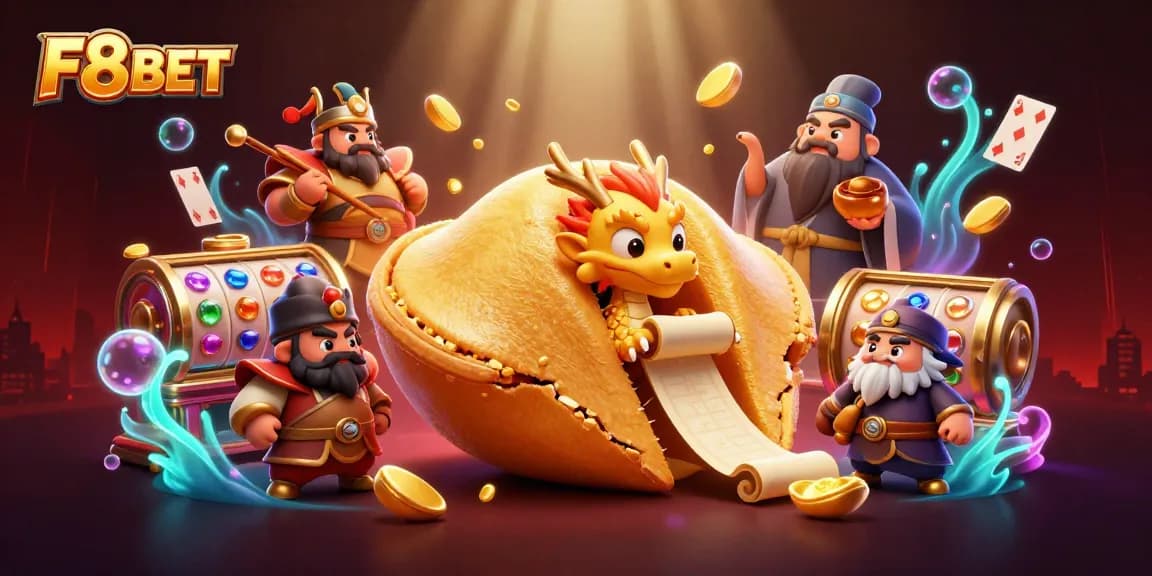 Experience F8BET's exciting slot games with a vibrant, dynamic 3D scene full of treasures and animated characters.