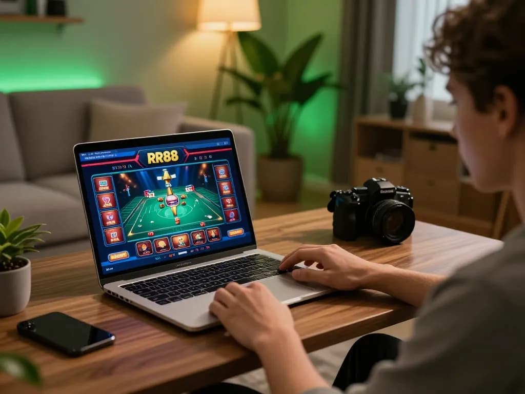 Player engaging in online gambling on RR88 with a laptop in a cozy living room.
