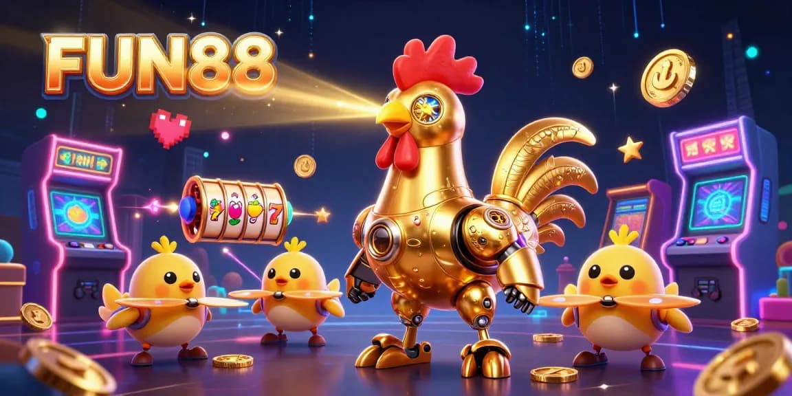 Experience exciting gameplay at FUN88 with golden rooster robots and vibrant gaming elements.