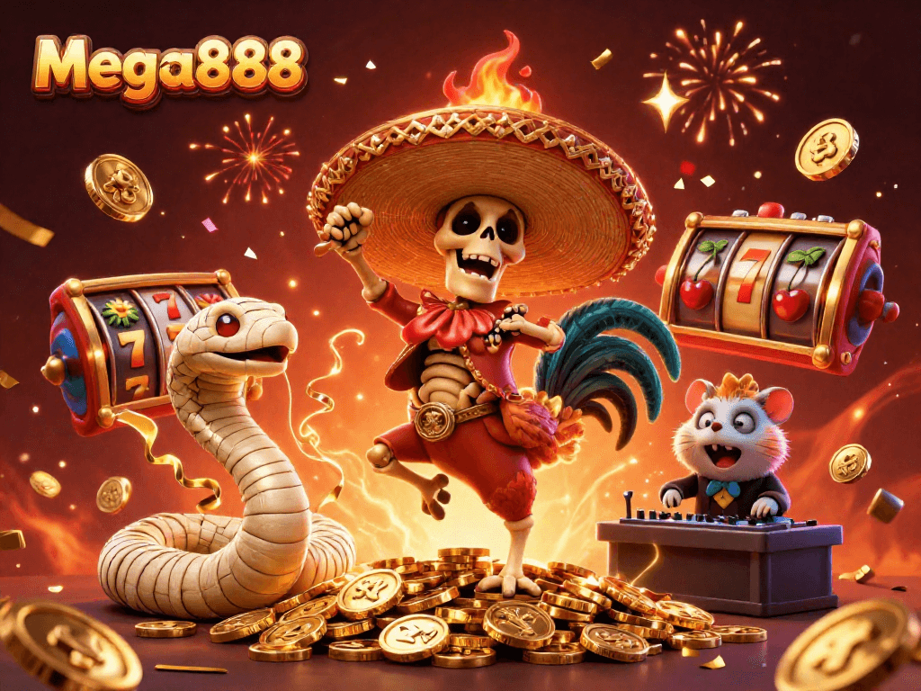mega888 bermain slot dengan karakter kartun gembira dalam suasana gemilang dan penuh kemeriahan.