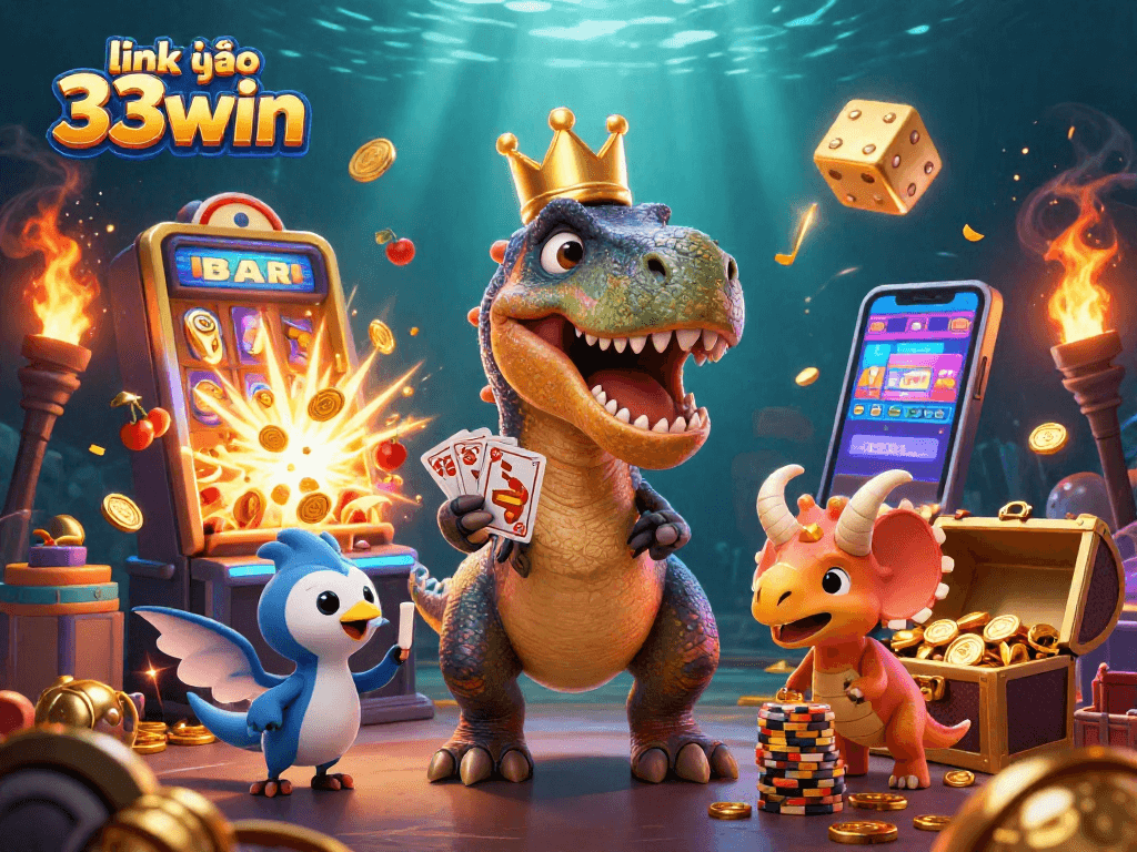 Experience vibrant gameplay with link vào 33win, featuring a fun cartoon dinosaur casino scene.