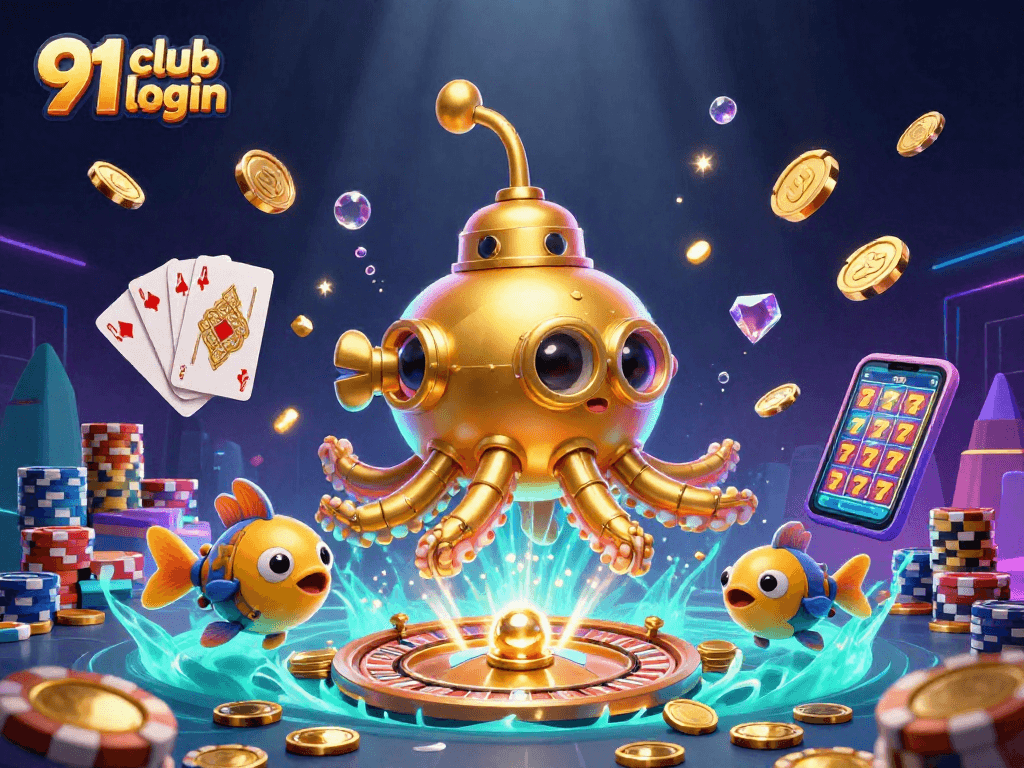 Engage with exciting games at 91 club login featuring dynamic golden kraken and casino elements.