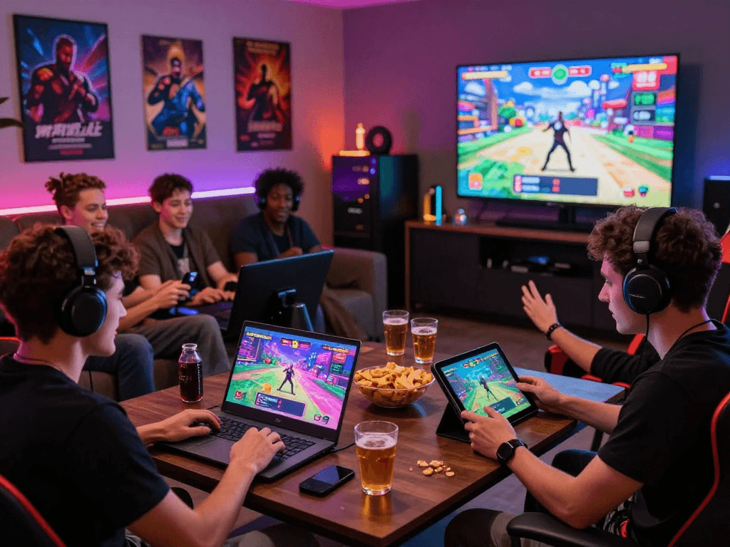 Friends play porn games in a vibrant gaming lounge, showcasing fun and camaraderie.
