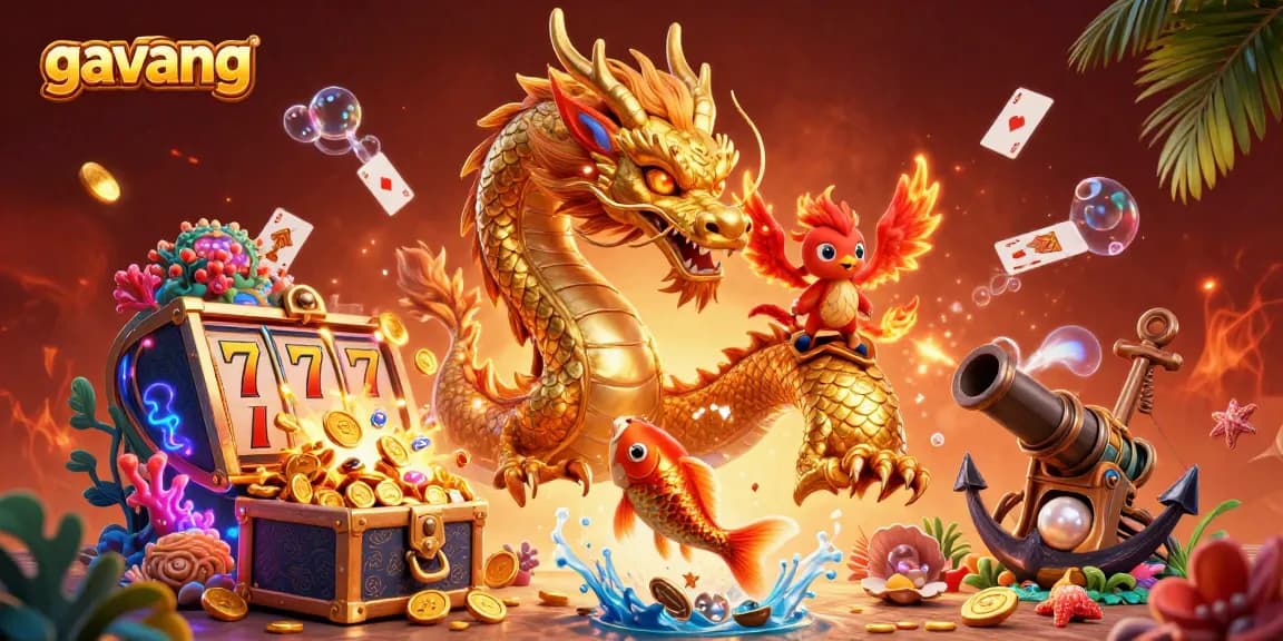 Win big with gavang through thrills of the casino, featuring a dragon and phoenix in an enchanting scene.