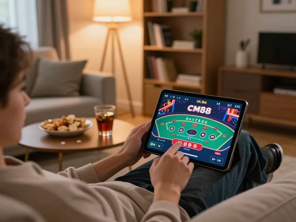 Engaging with the cm88 app for an exciting online baccarat game, cozy home gaming setup.