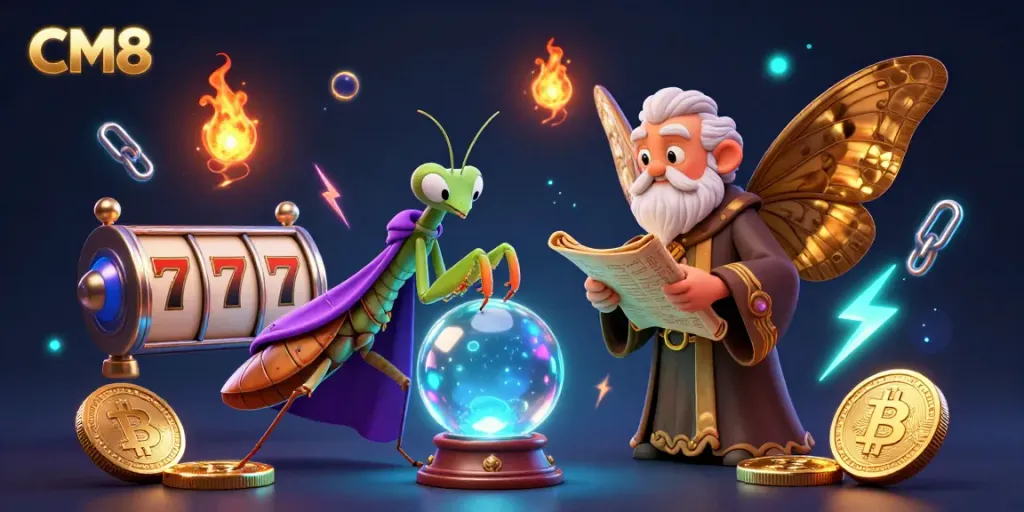 Experience CM8's dynamic casino universe with vibrant slots, glowing coins, and mystical characters.