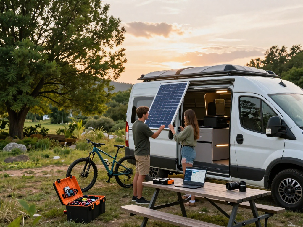 Couple working on solar panel installation for their campervan at sunset, showcasing rokok88 van conversion electrics.