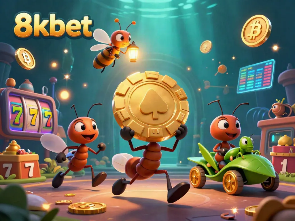 Experience thrilling gameplay with 8kbet's vibrant heist scene featuring ants, gambling icons, and a colorful crypto backdrop.
