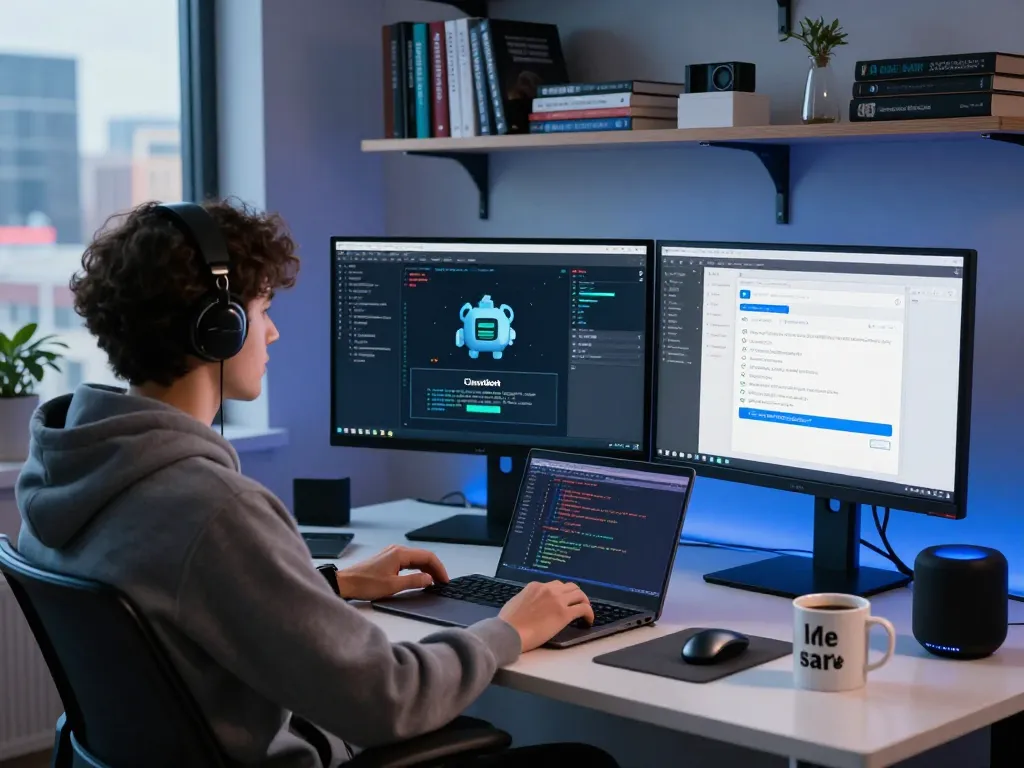 Developer integrating Clawd Bot in a modern workspace with dual monitors and dynamic coding environment.
