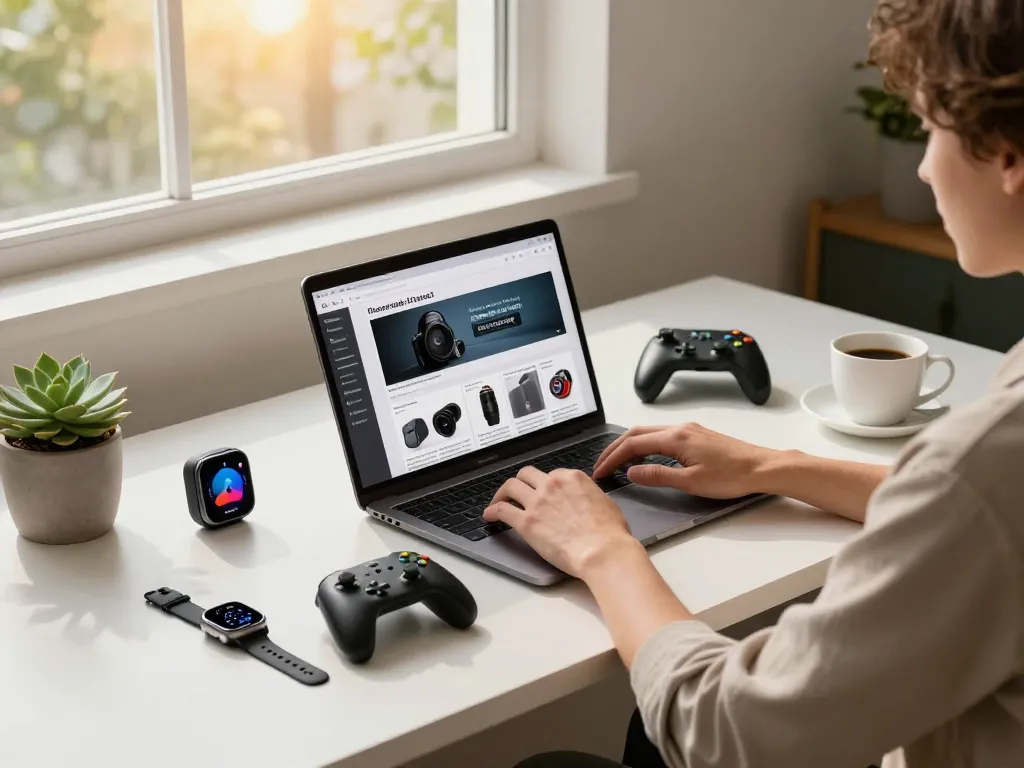 Showcase of trending tech gadgets in a stylish home office with a person using a laptop.