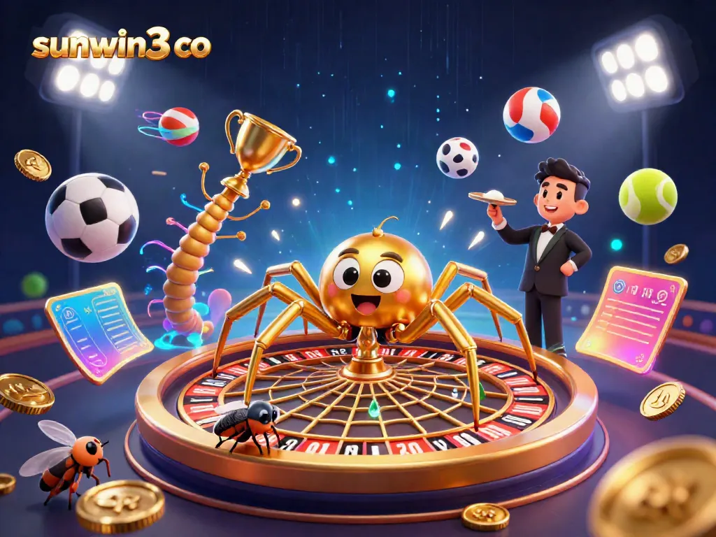 Engaging illustration of a golden spider and a centipede croupier in the vibrant sunwin3 co casino scene.