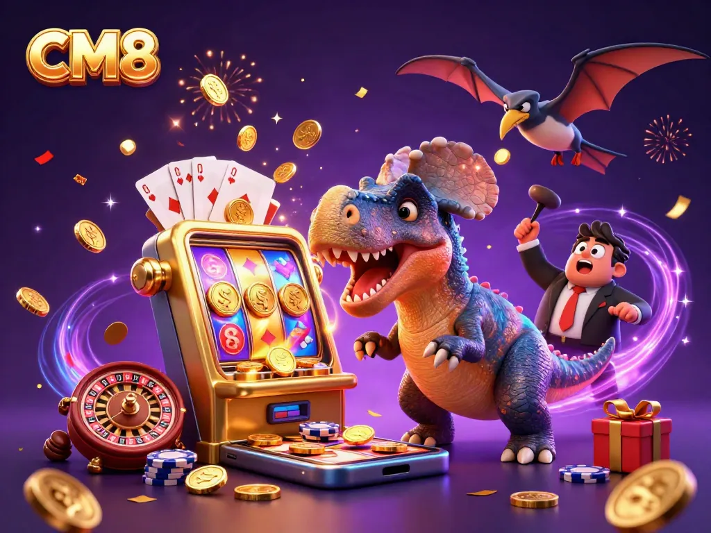 CM8 casino illustration showcases pachycephalosaurus, golden slot machine, and pteranodon seizing jackpot coins.