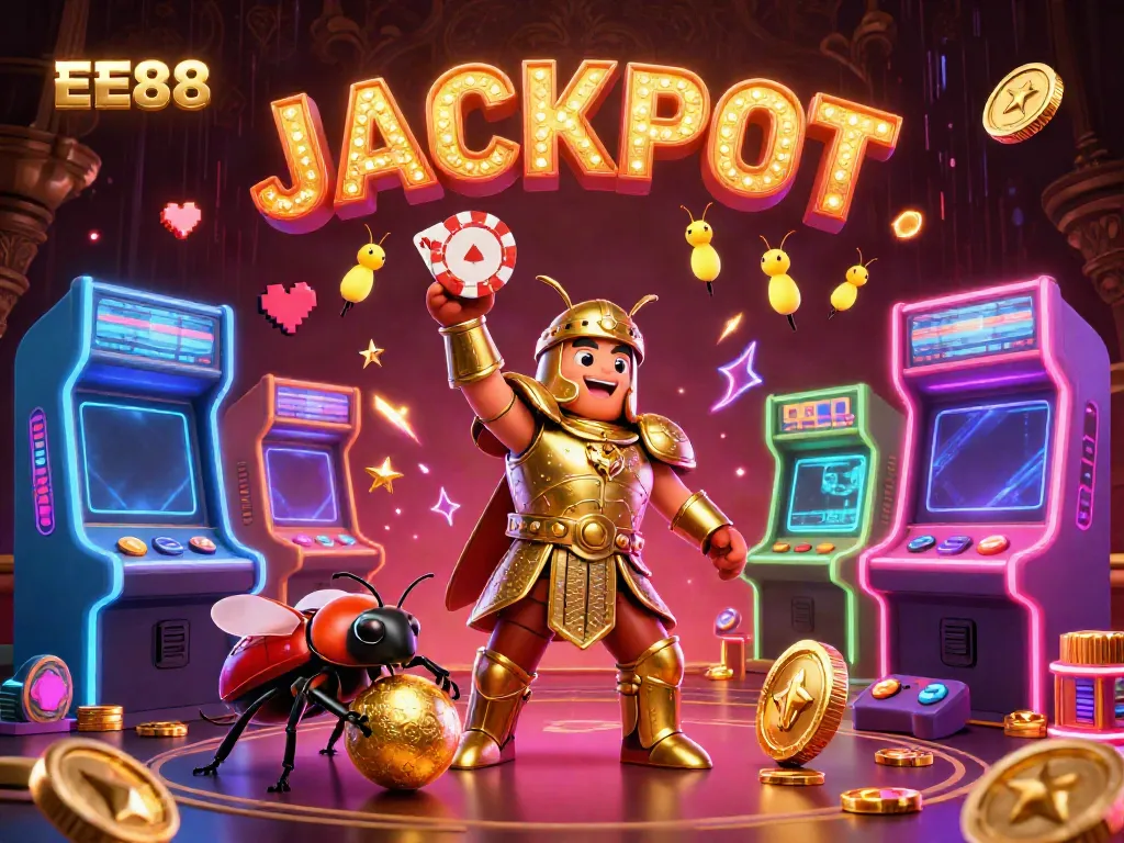 Engage with EE88's dynamic gaming scene featuring cartoon beetles celebrating a jackpot in a vibrant casino setting.