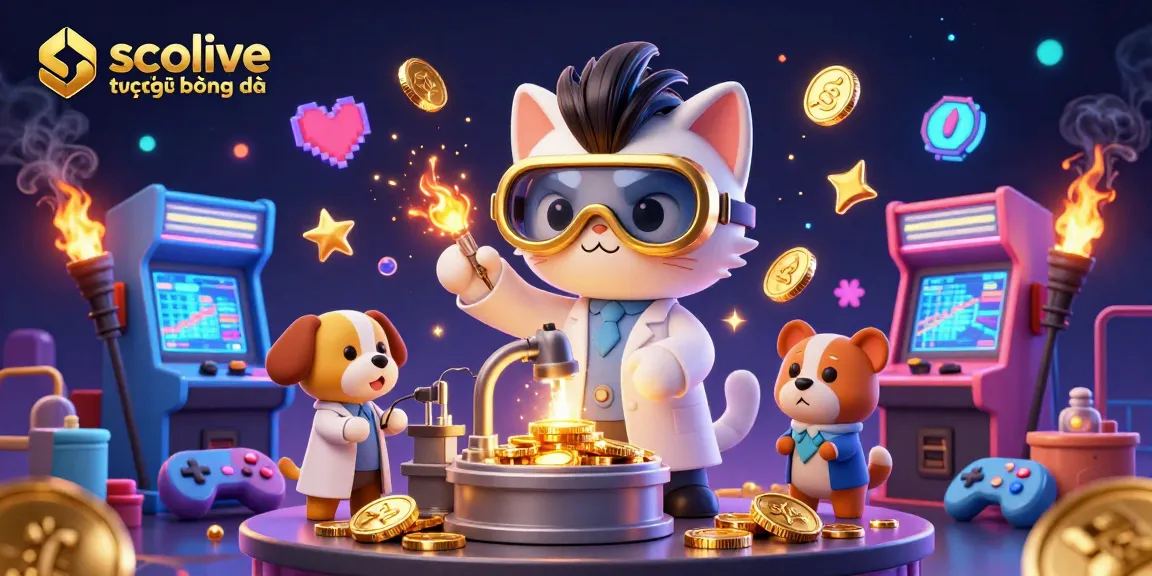 socolive trực tiếp bóng đá showcases a mad scientist cat creating a gold-coin-replication machine in a vibrant casino scene.