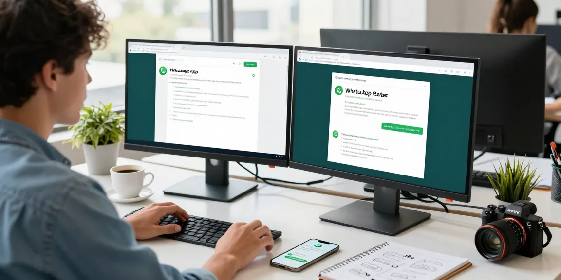Person using WhatsApp網頁版 on dual monitors in a modern tech workspace, showcasing messaging productivity.