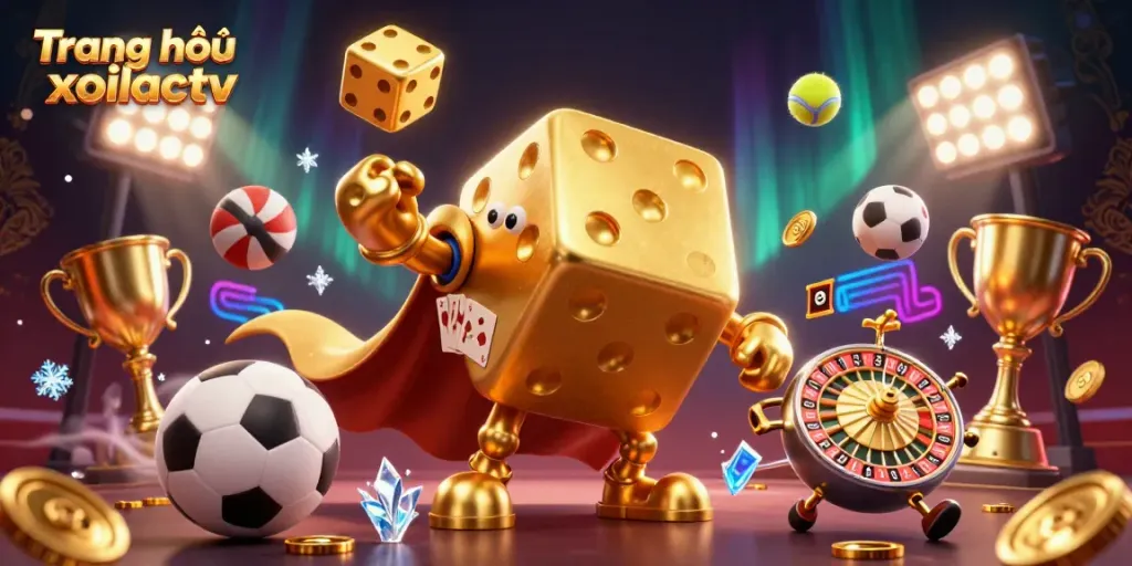 Experience the excitement of sports betting at Trang chủ xoilactv with dynamic 3D golden dice and sports elements.