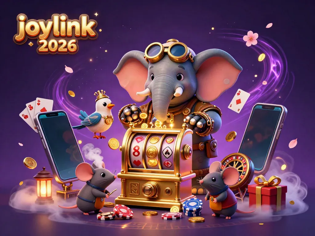 Spin the reels with joylink 2026 in this vibrant 3D steampunk casino scene, full of dynamic elements.