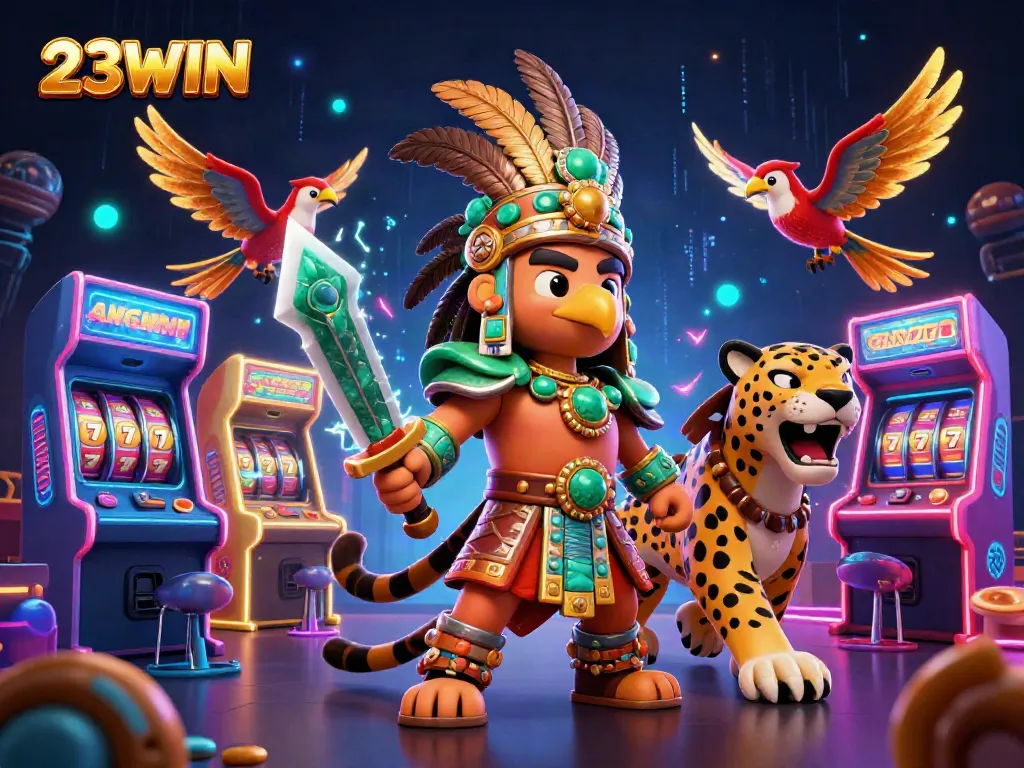 Experience the thrill of 23WIN casino with Aztec warriors and vibrant gaming elements.