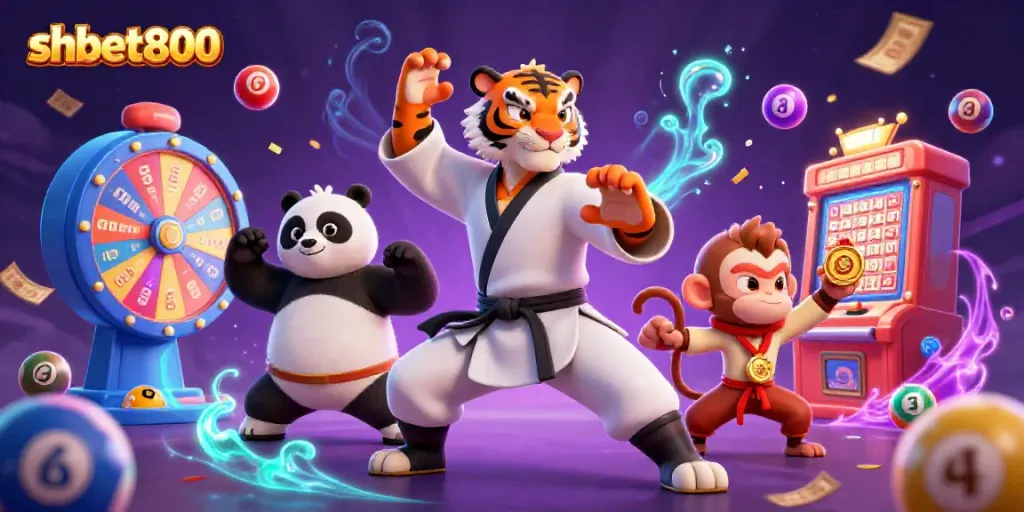 Experience thrilling action at shbet800 with a kung fu tiger master and a panda disciple in a vibrant casino scene.