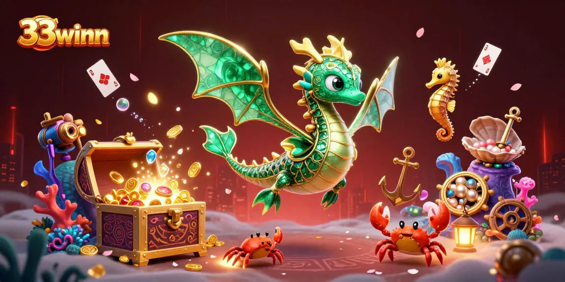 Experience exhilarating gaming action with 33winn’s vibrant sea dragon and treasure chest illustration.