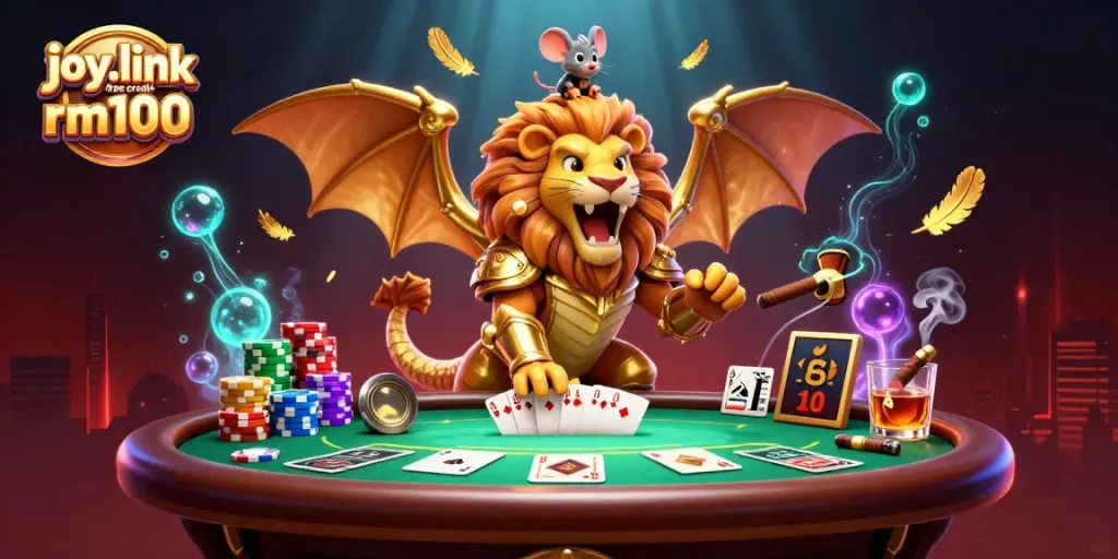 Win at casino games with joy.link free credit rm100 promotional illustration showcasing thrilling gameplay and poker elements.