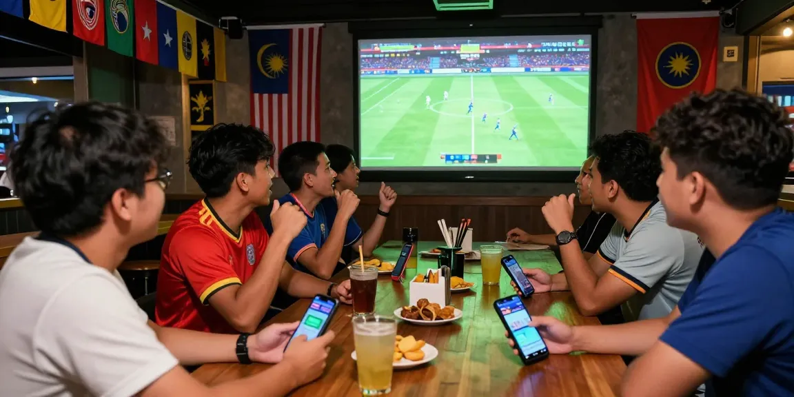 Football betting Malaysia scene in a lively bar with friends enjoying a match.