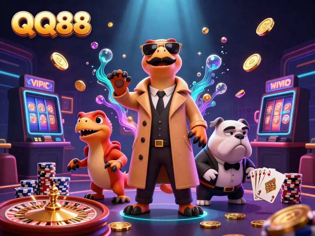 Experience the thrilling world of QQ88 with raptors in disguise entering a VIP casino lounge.