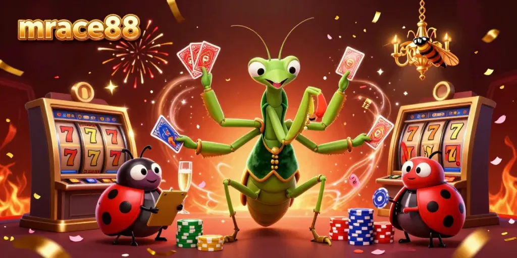 Experience the excitement at mrace88 with a dynamic 3D gambling scene featuring card games and slots.