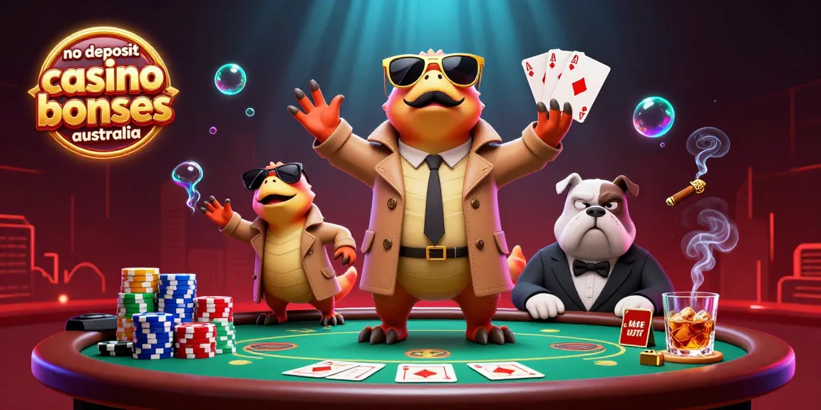 No deposit casino bonuses Australia showcased with raptors entering a VIP casino, surrounded by poker elements.