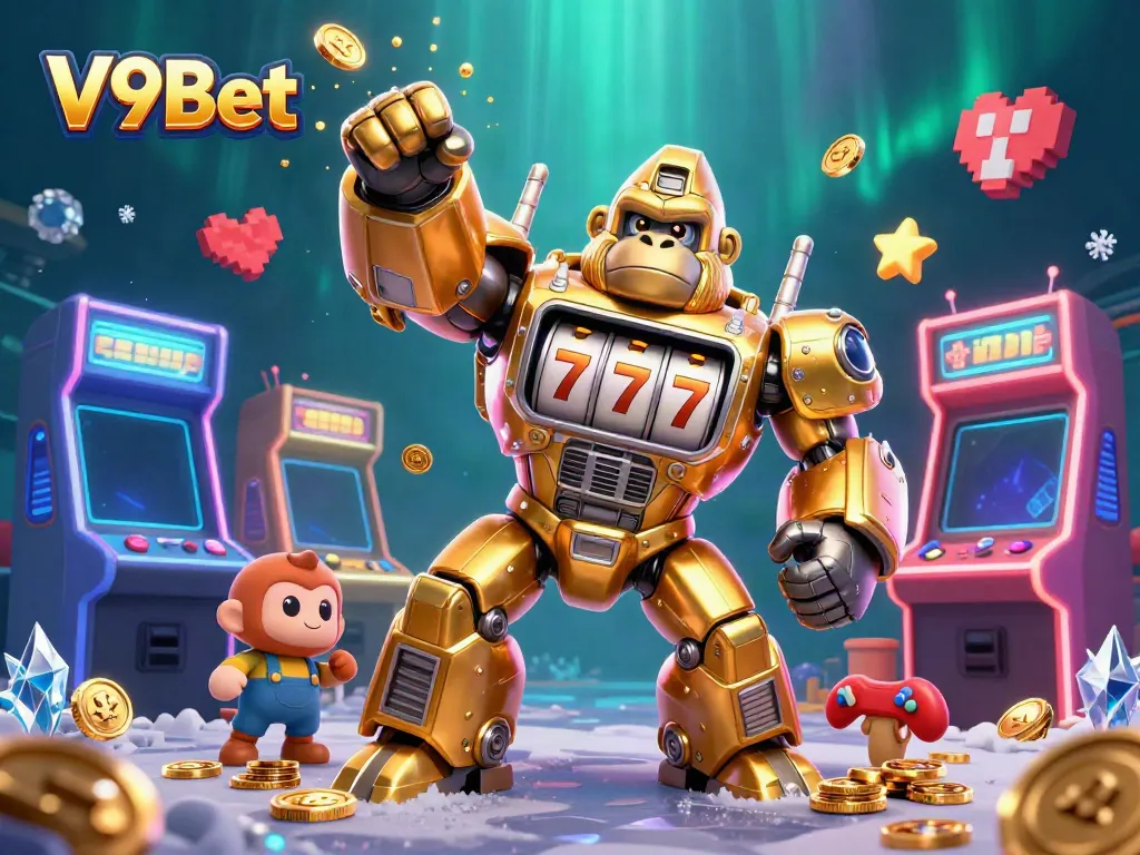 Spin and win with V9Bet's energetic 3D gaming illustration featuring a golden gorilla mech.