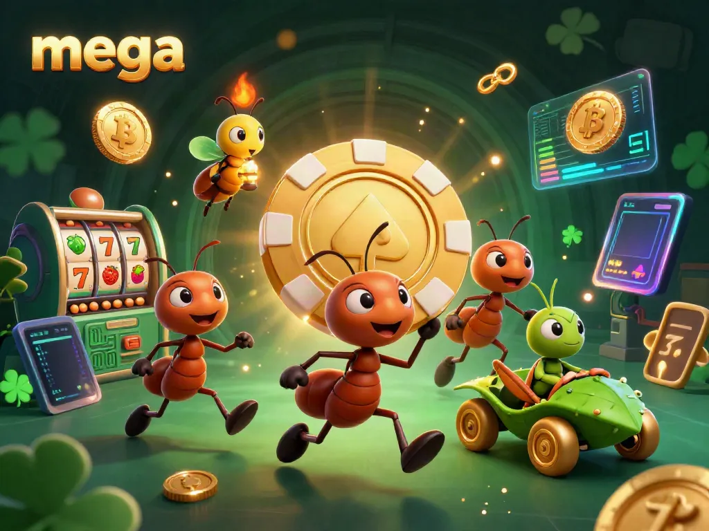 Ants running a mega casino heist with a golden chip in a vibrant 3D scene