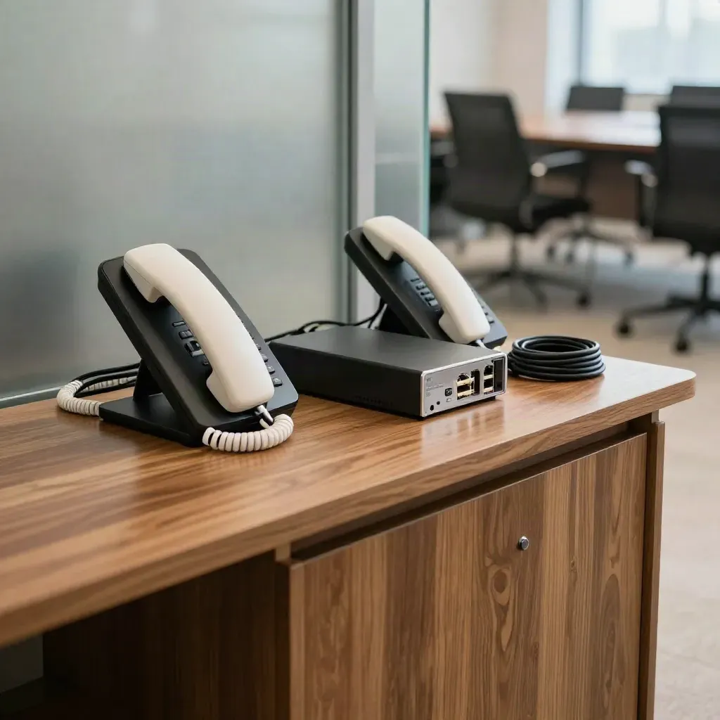 Set VoIP pejabat di atas sideboard kayu dengan telefon dan gateway di bilik mesyuarat kosong