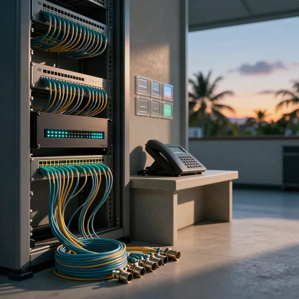 Ruang rangkaian telecom dengan panel gentian, router, telefon VoIP dan cahaya biru senja.