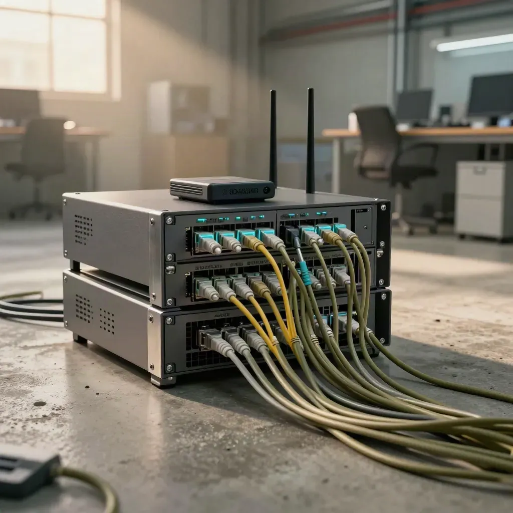 Rak SD-WAN redundan dalam ruang pejabat industri dengan kabel kemas dan cahaya status aqua