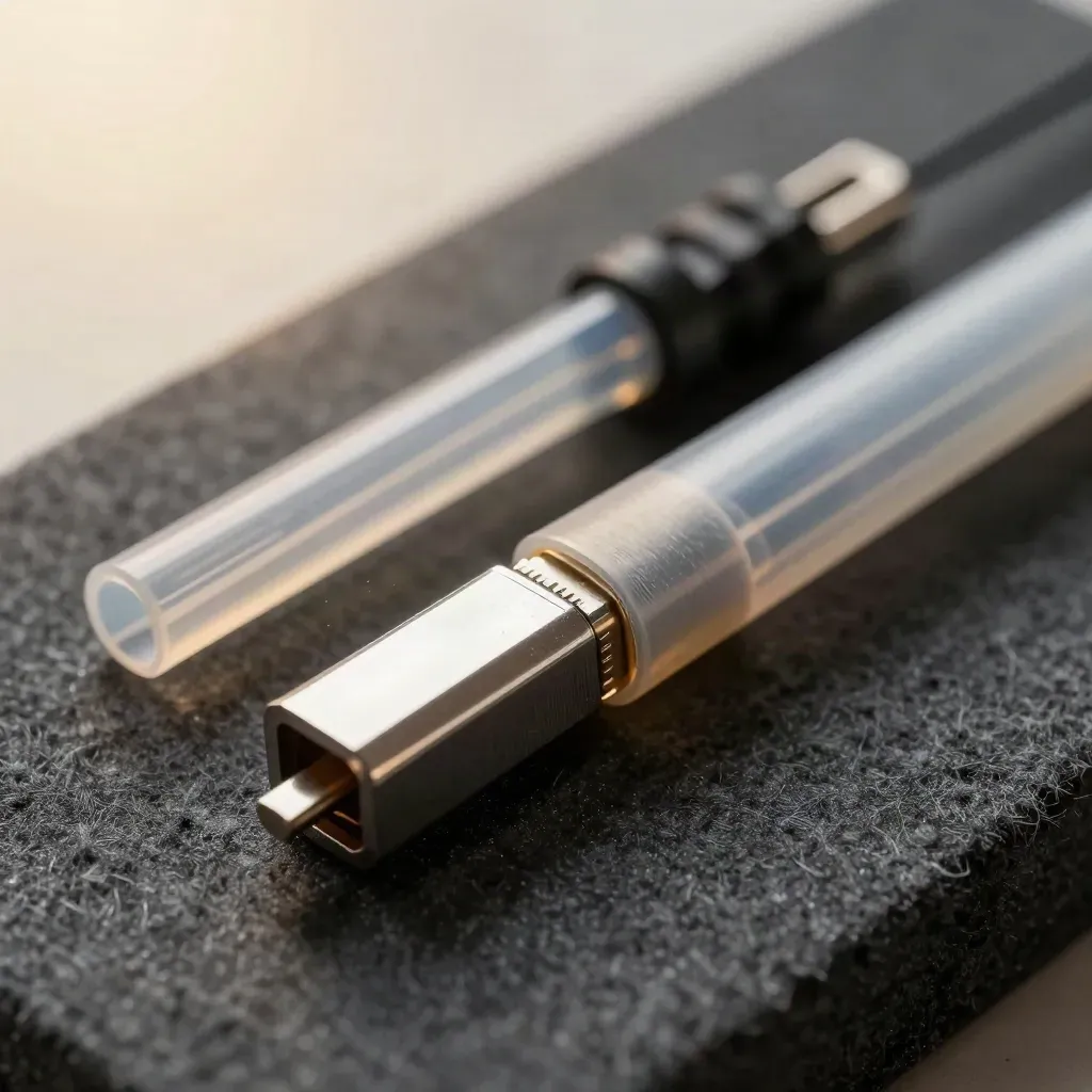 Kit penyambungan gentian optik di atas felt gelap dengan modul SFP berkilat dan plug loopback.