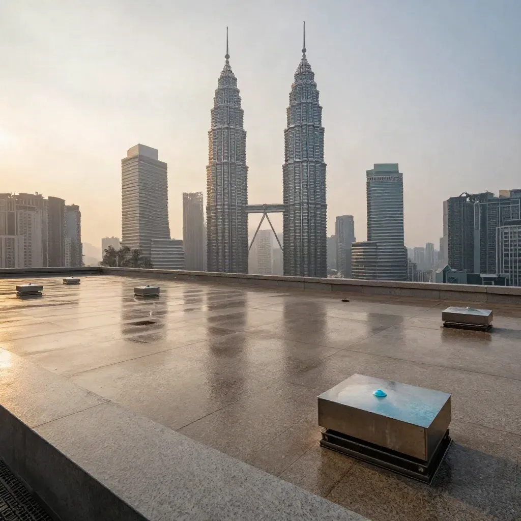 Pemandangan bumbung Kuala Lumpur dengan Menara Berkembar Petronas tinggi dalam jerebu senja.